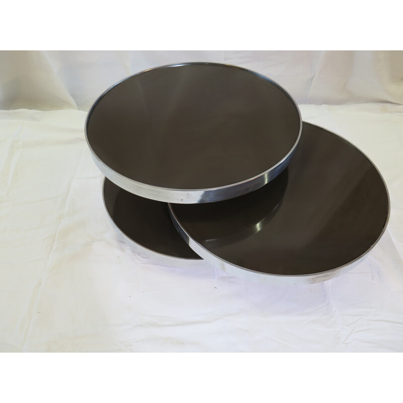 Vintage Round coffee table with 3 pivoting trays by Maria Pergay for Mercier Frères - 1960s