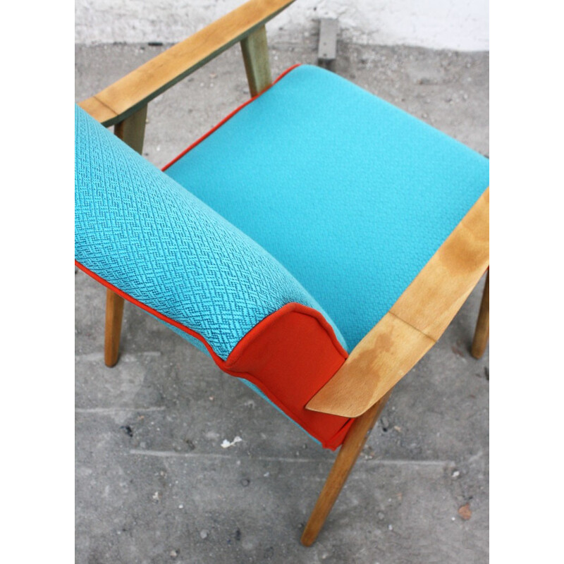 Fauteuil vintage en bois et tissu orange et turquoise - 1960