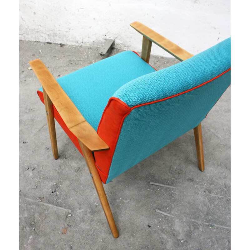 Fauteuil vintage en bois et tissu orange et turquoise - 1960