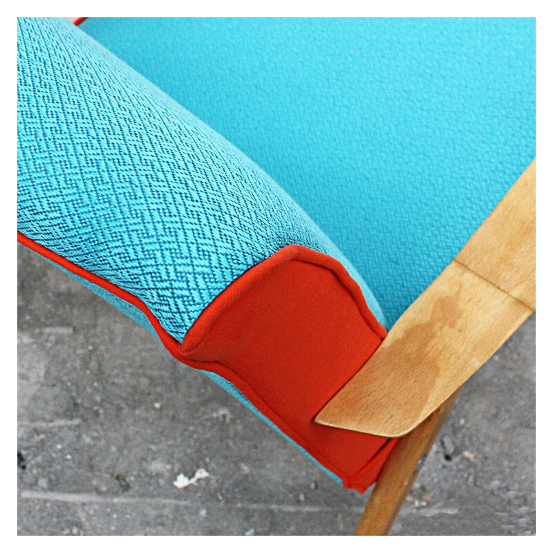  Vintage armchair in wood and turquoise orange fabric - 1960s
