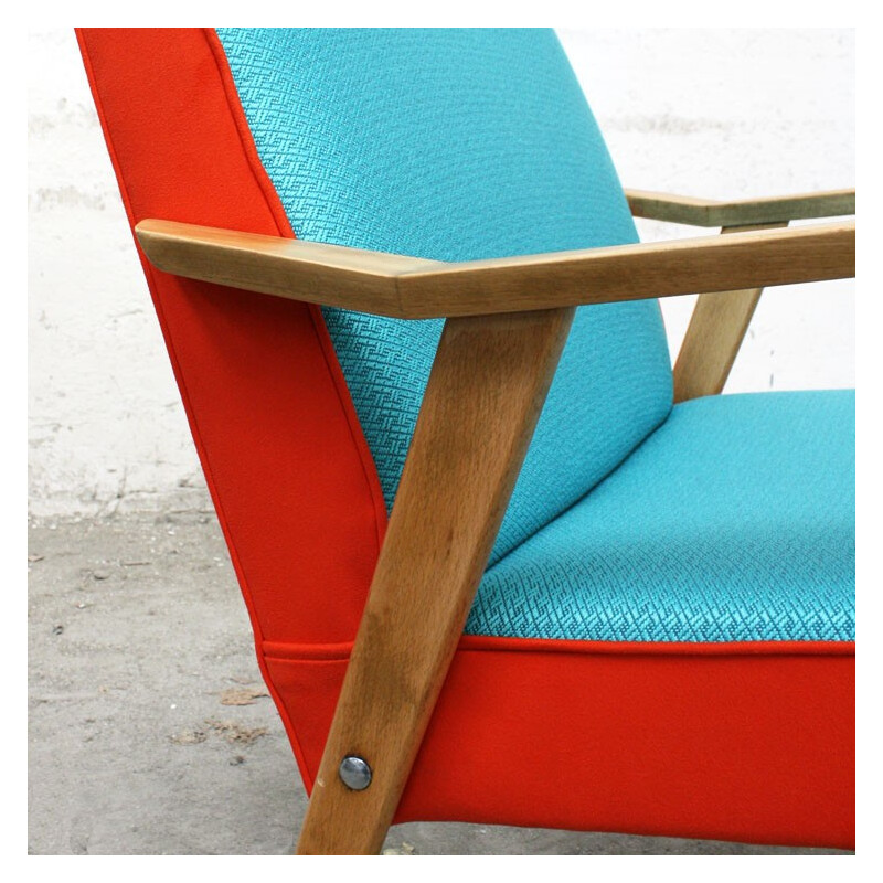  Vintage armchair in wood and turquoise orange fabric - 1960s