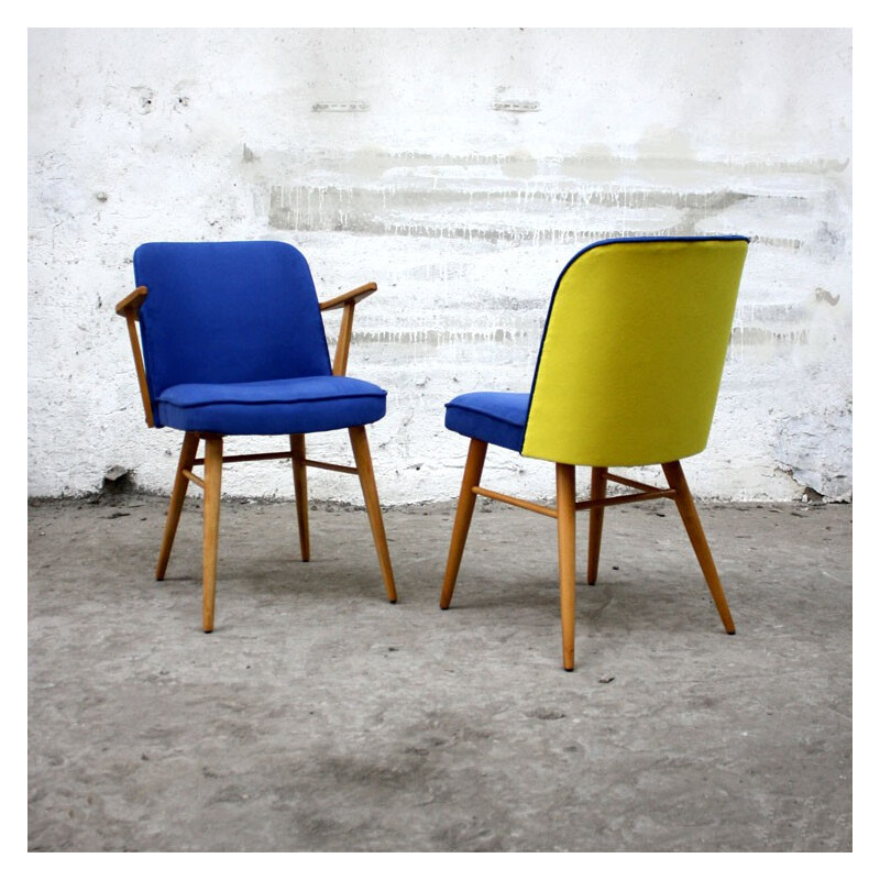 Chaise vintage en bois et tissu jaune et bleu - 1960