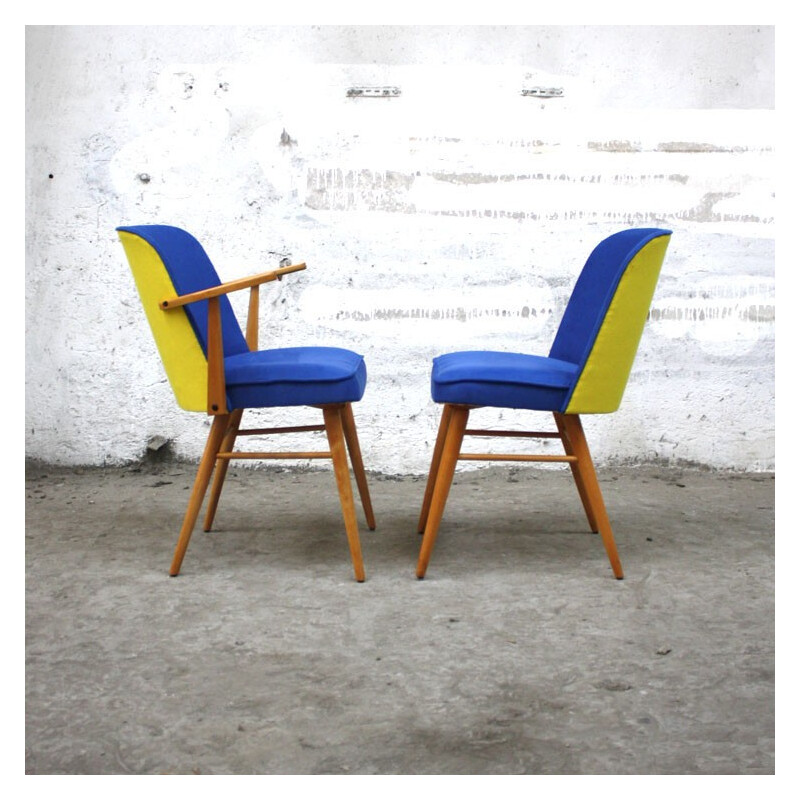 Vintage chair in wood and yellow blue fabric - 1960s