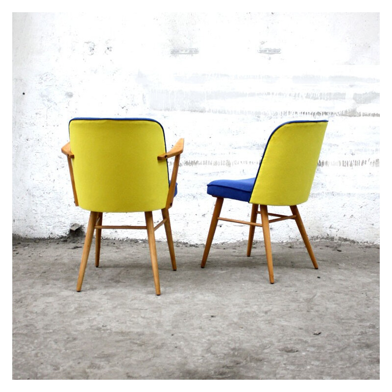 Vintage chair in wood and yellow blue fabric - 1960s