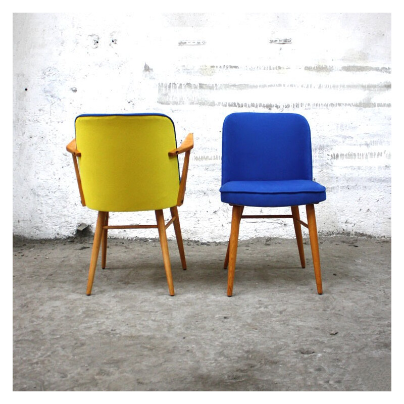 Chaise vintage en bois et tissu jaune et bleu - 1960