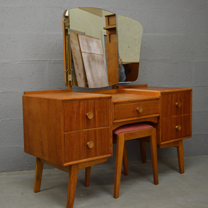 Coiffeuse et tabouret en chêne et teck vintage par Meredrew - 1960