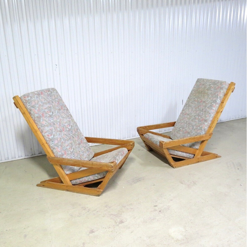 Suite de 2 fauteuils lounge scandinaves vintage en pin - 1960