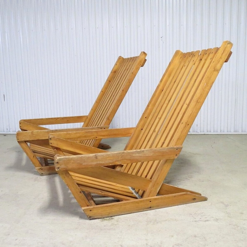 Set of 2 vintage Scandinavian pine lounge chairs - 1960s