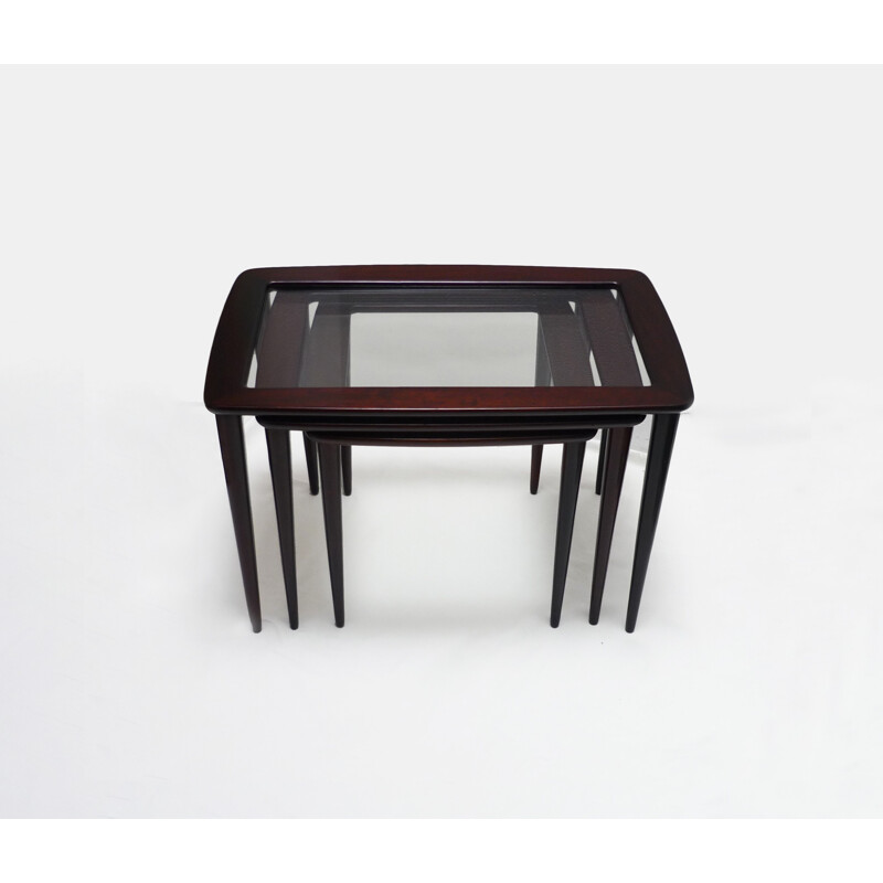 Set of 3 nesting tables in mahogany wood with glass trays by Ico Parisi for De Baggis - 1950s