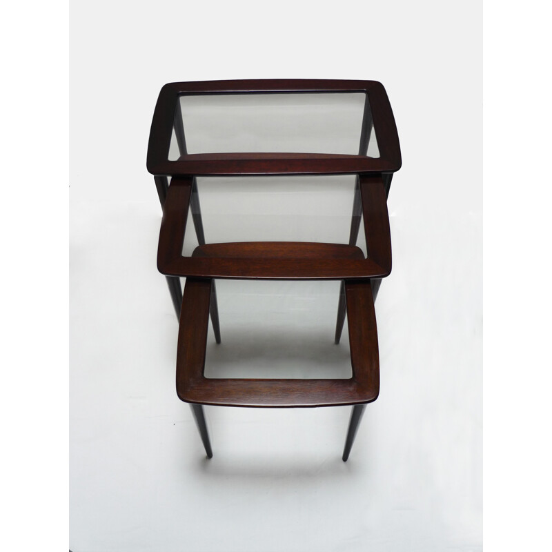 Set of 3 nesting tables in mahogany wood with glass trays by Ico Parisi for De Baggis - 1950s