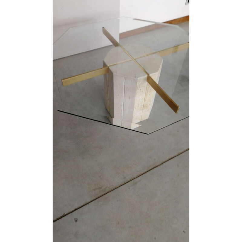 Vintage italian coffee table in travertine and brass by Artedi - 1970s