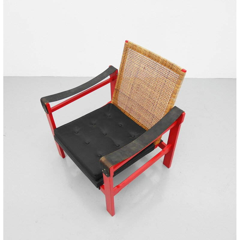 Armchair in leatherette, rattan and wood - 1950s