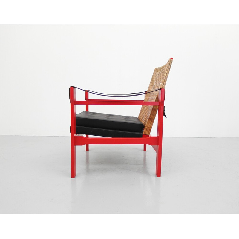 Armchair in leatherette, rattan and wood - 1950s