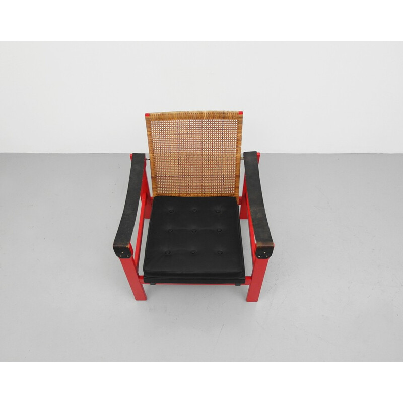 Armchair in leatherette, rattan and wood - 1950s