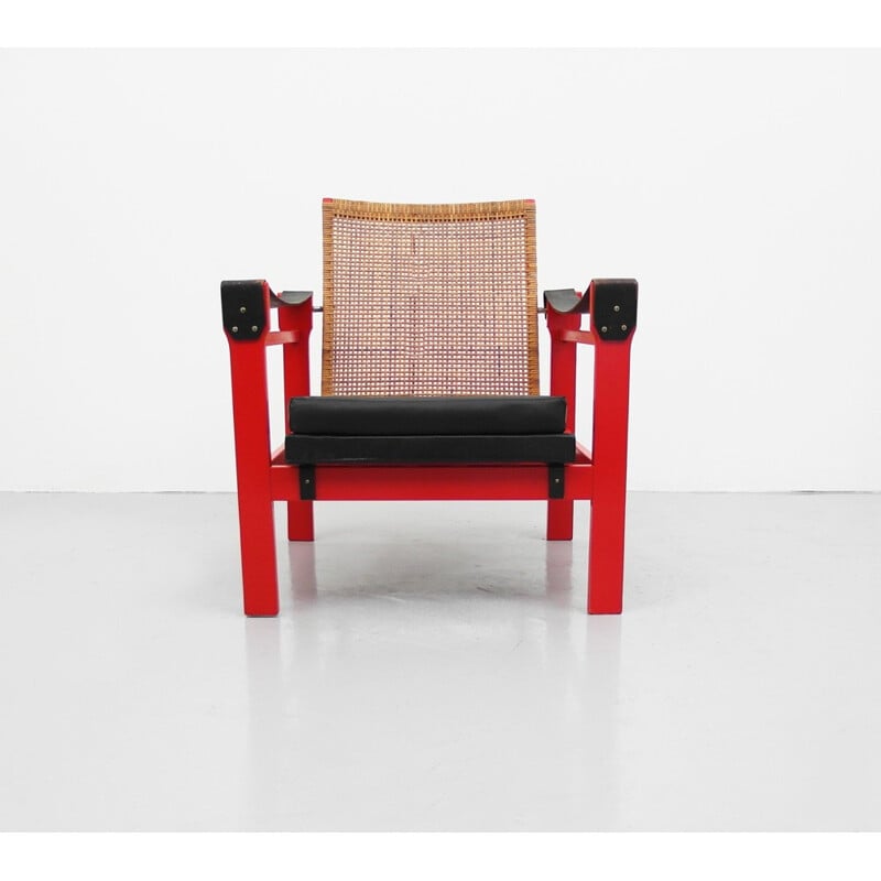 Armchair in leatherette, rattan and wood - 1950s