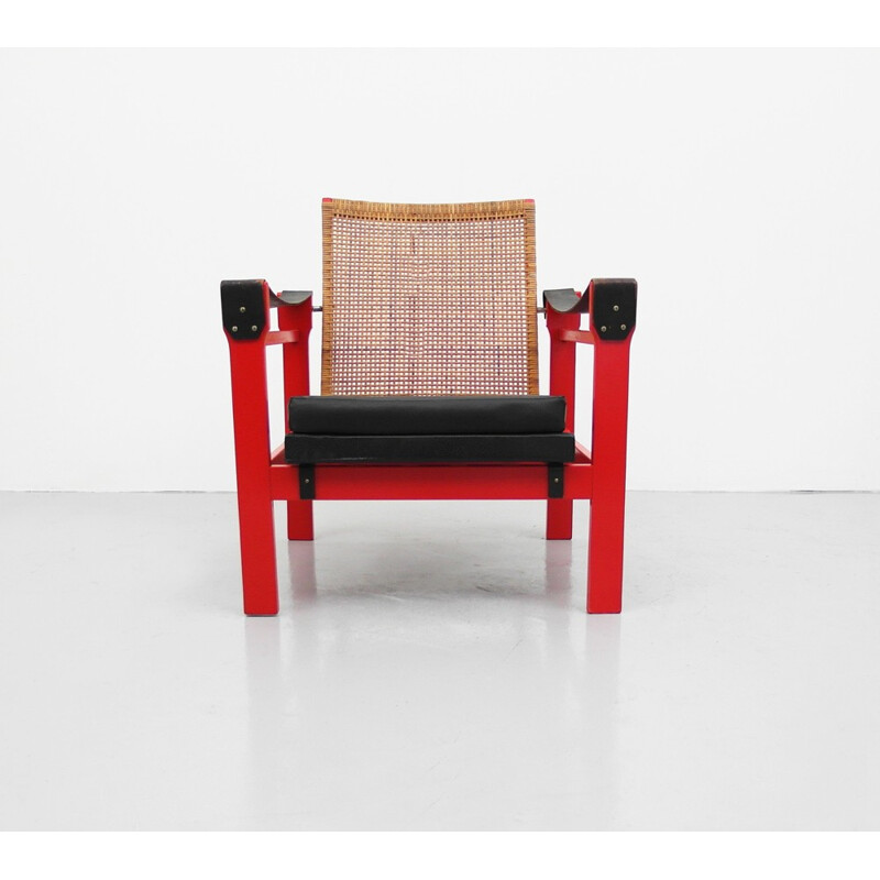 Armchair in leatherette, rattan and wood - 1950s