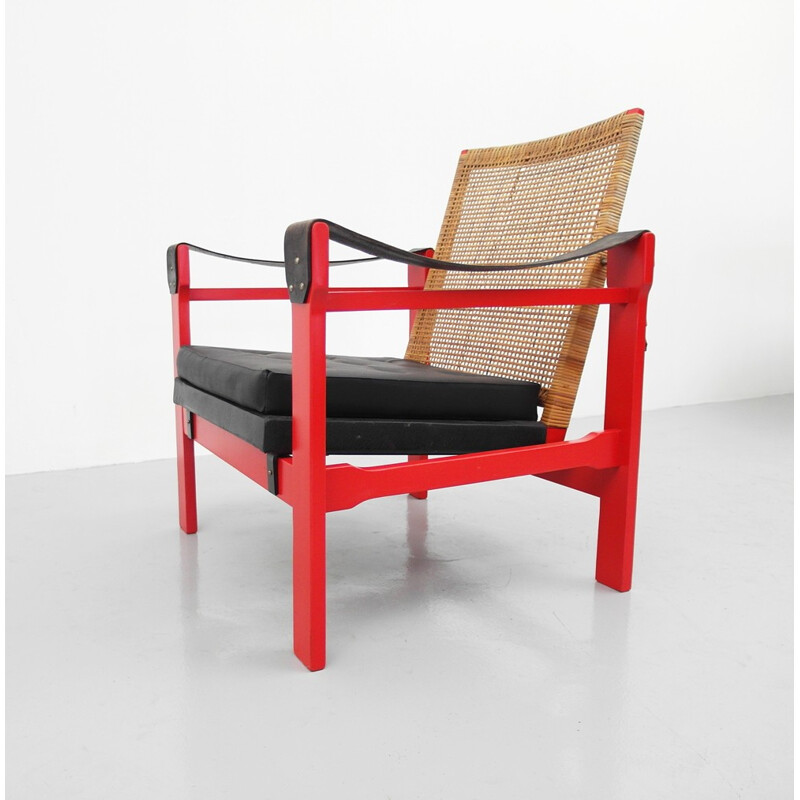 Armchair in leatherette, rattan and wood - 1950s