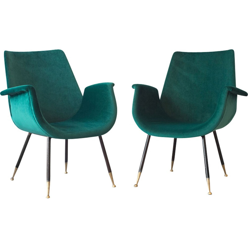 Set of 2 Italian vintage velvet armchairs - 1950s