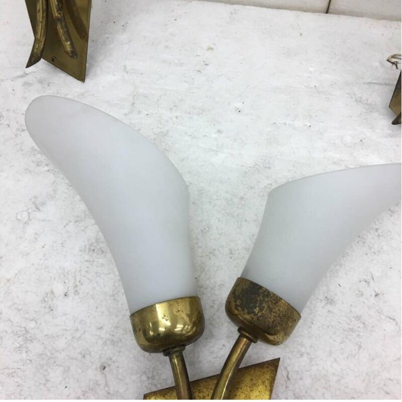 Vintage Set of 3 Italian Brass and White Glass Wall Sconces - 1950s