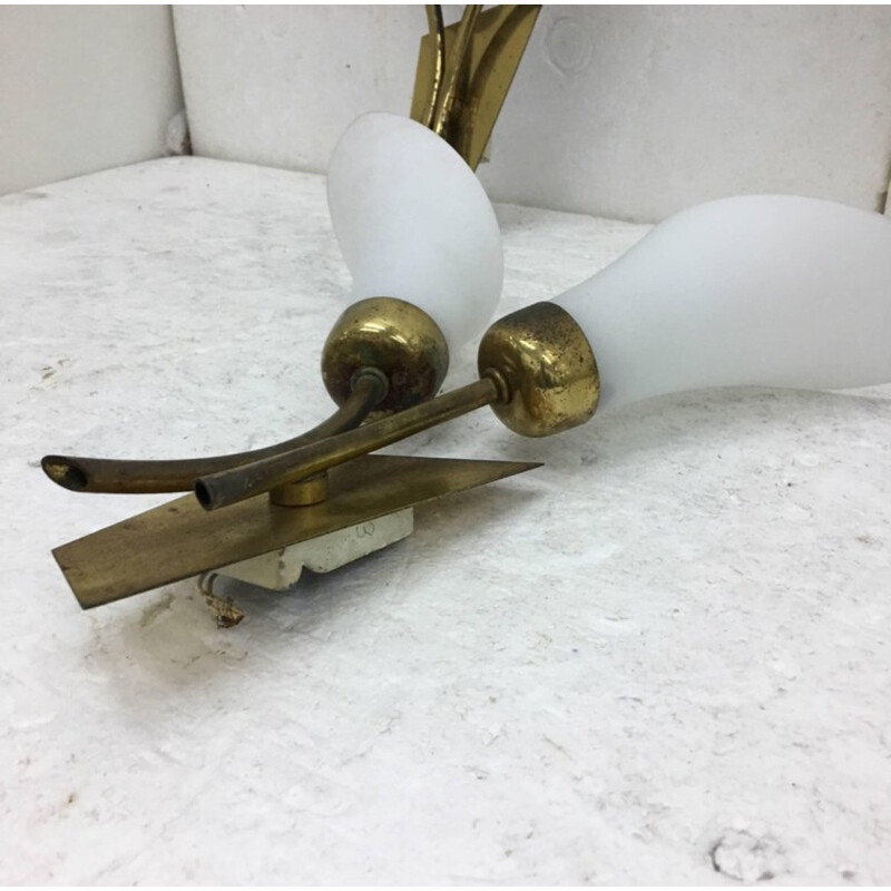 Vintage Set of 3 Italian Brass and White Glass Wall Sconces - 1950s