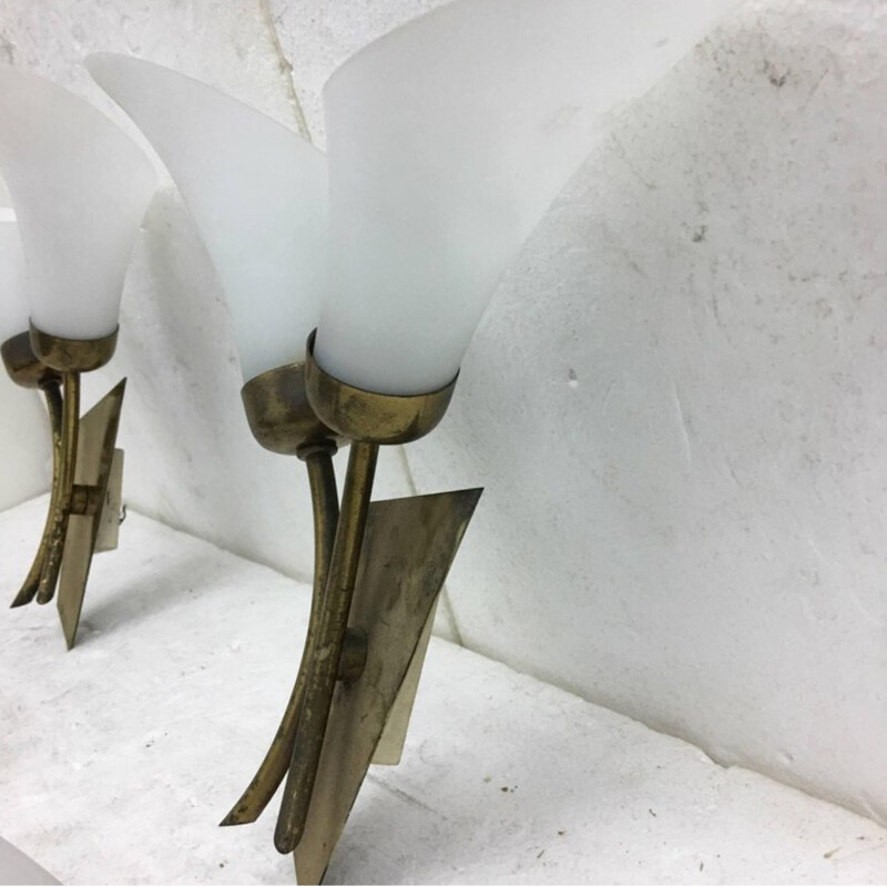 Vintage Set of 3 Italian Brass and White Glass Wall Sconces - 1950s