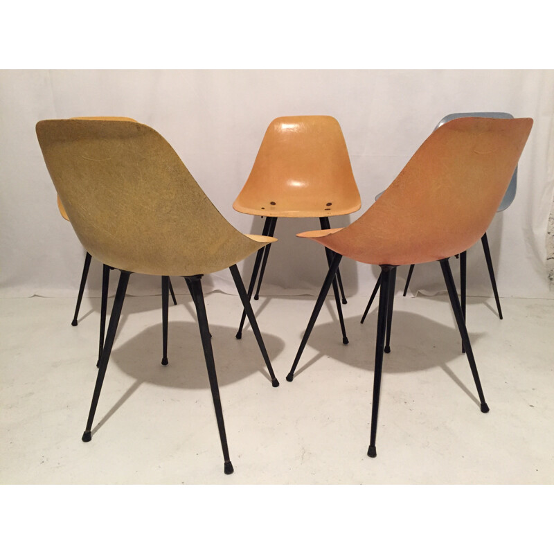 Set of 5 chairs in fibreglass and metal - 1950s