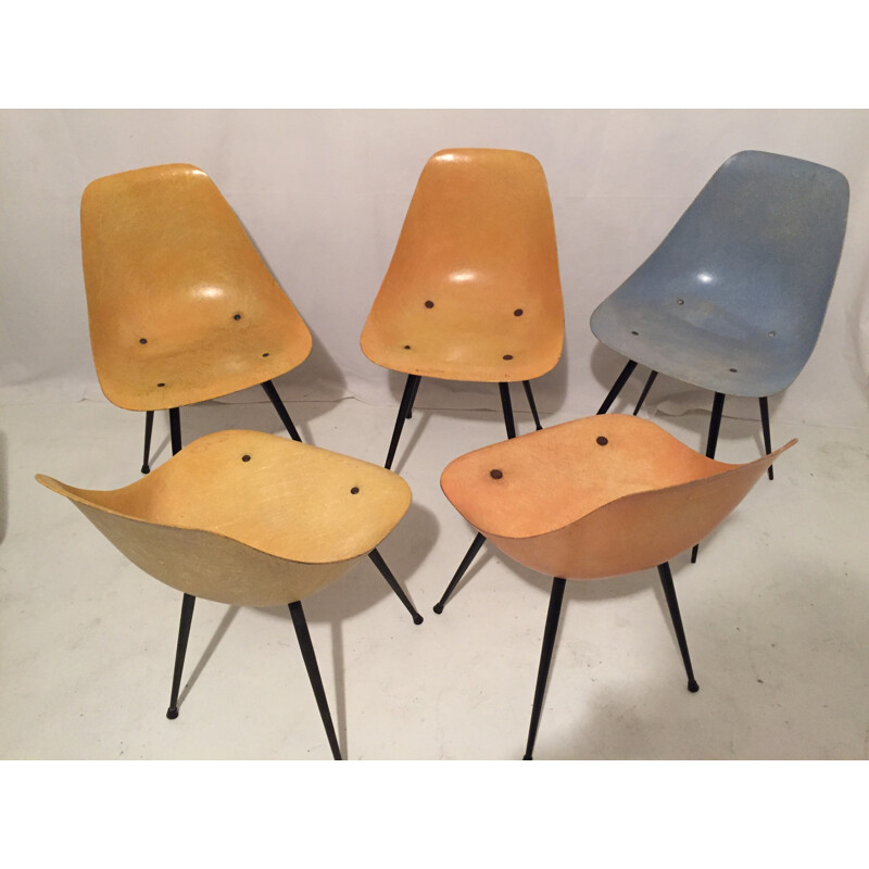 Set of 5 chairs in fibreglass and metal - 1950s
