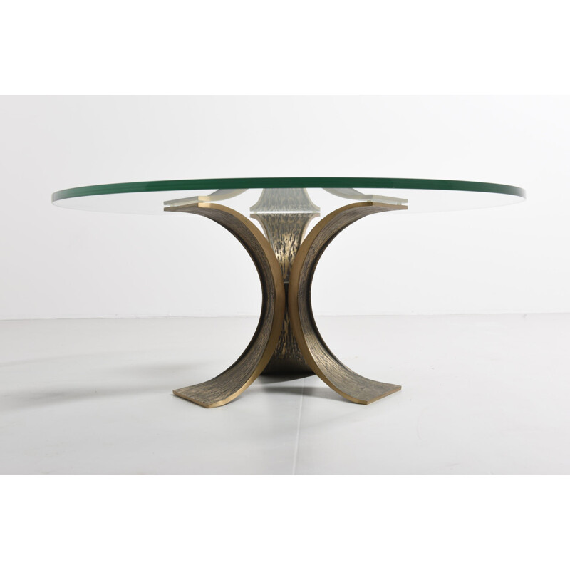 Table basse vintage en verre et pieds en acier bronze - 1970