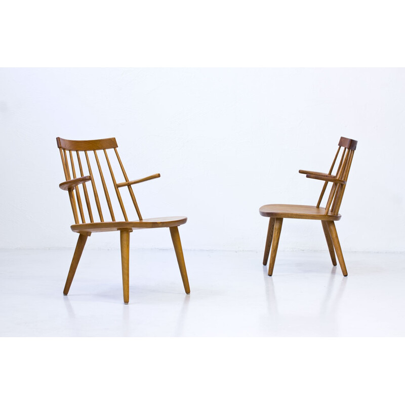 Vintage Pair of "Sibbo" Armchairs in Solid Oak by Yngve Ekström for Stolab - 1960s