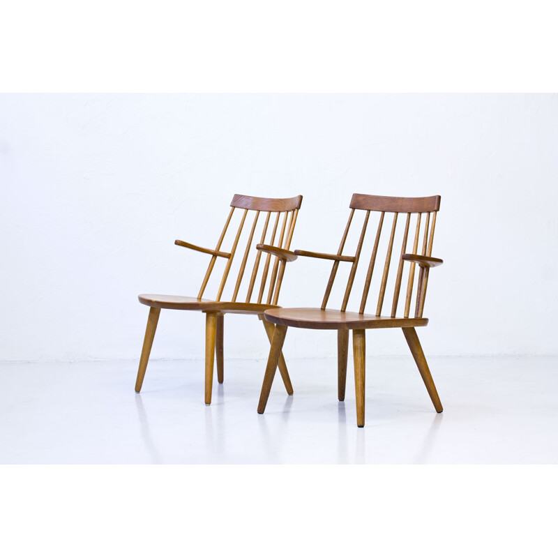 Vintage Pair of "Sibbo" Armchairs in Solid Oak by Yngve Ekström for Stolab - 1960s