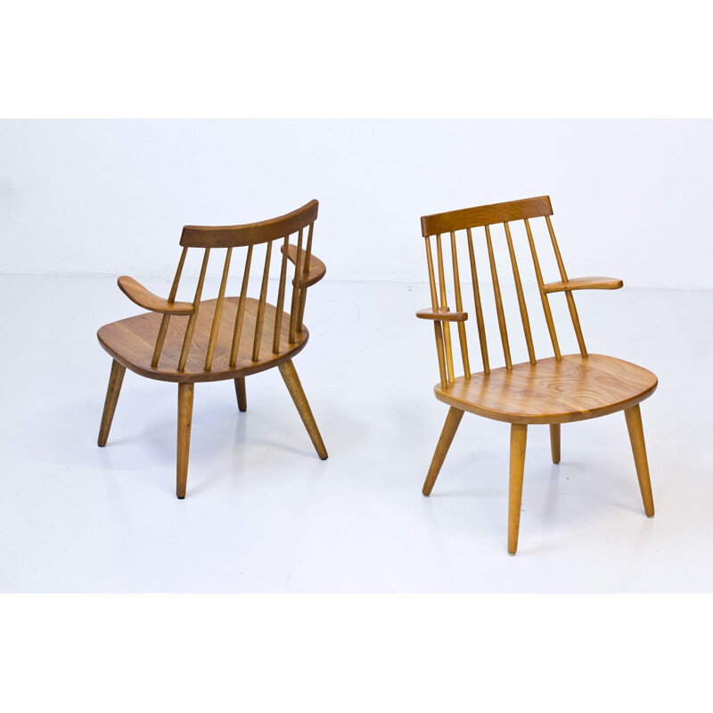 Vintage Pair of "Sibbo" Armchairs in Solid Oak by Yngve Ekström for Stolab - 1960s