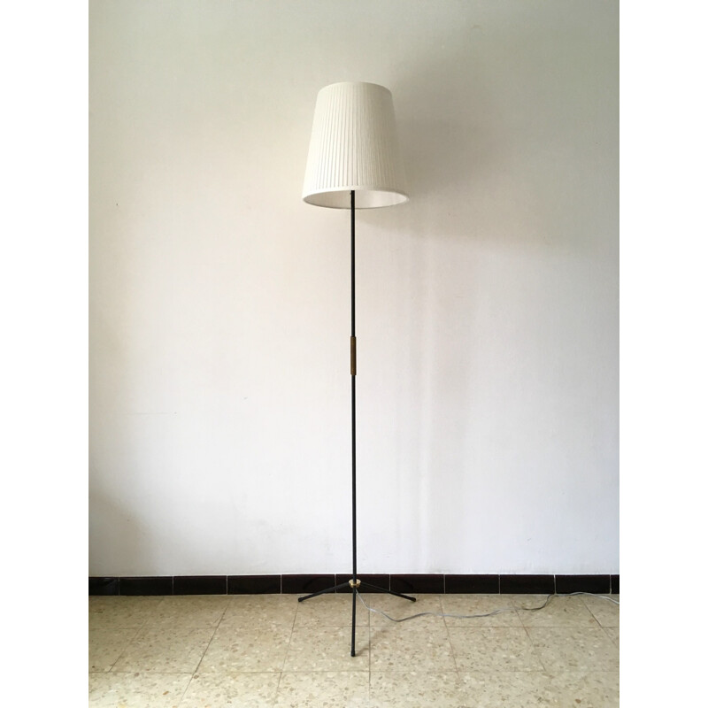Vintage tripod floor lamp in black lacquered steel and brass - 1950s