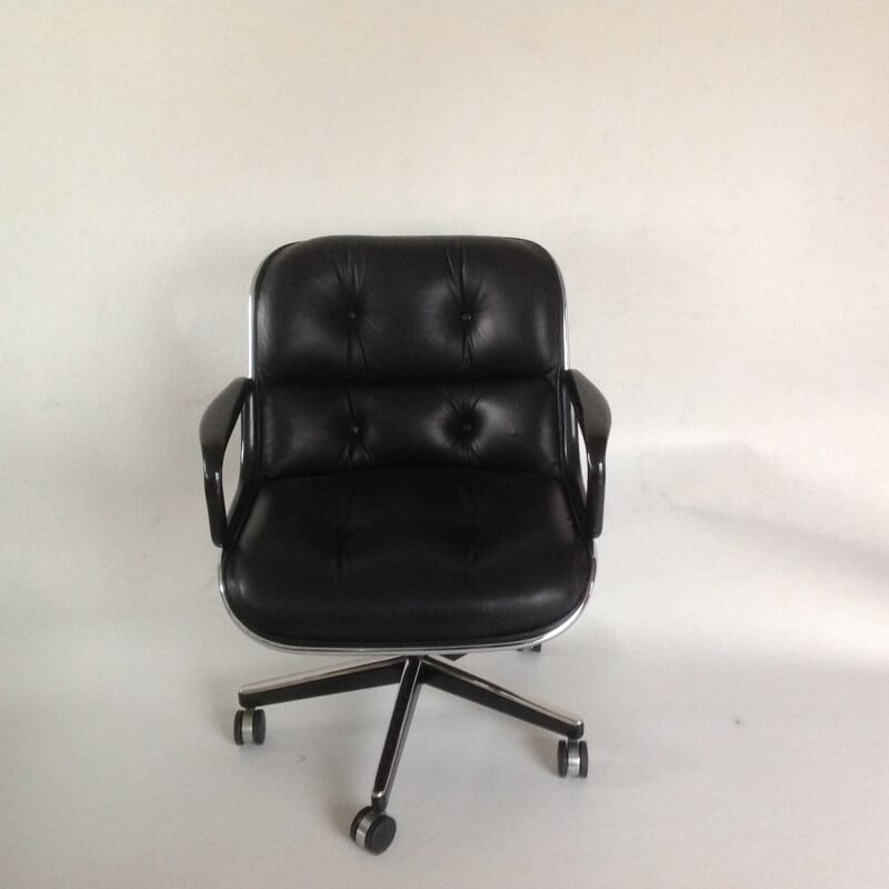 Vintage Desk armchair in black leather by Pollock for Knoll - 1980s