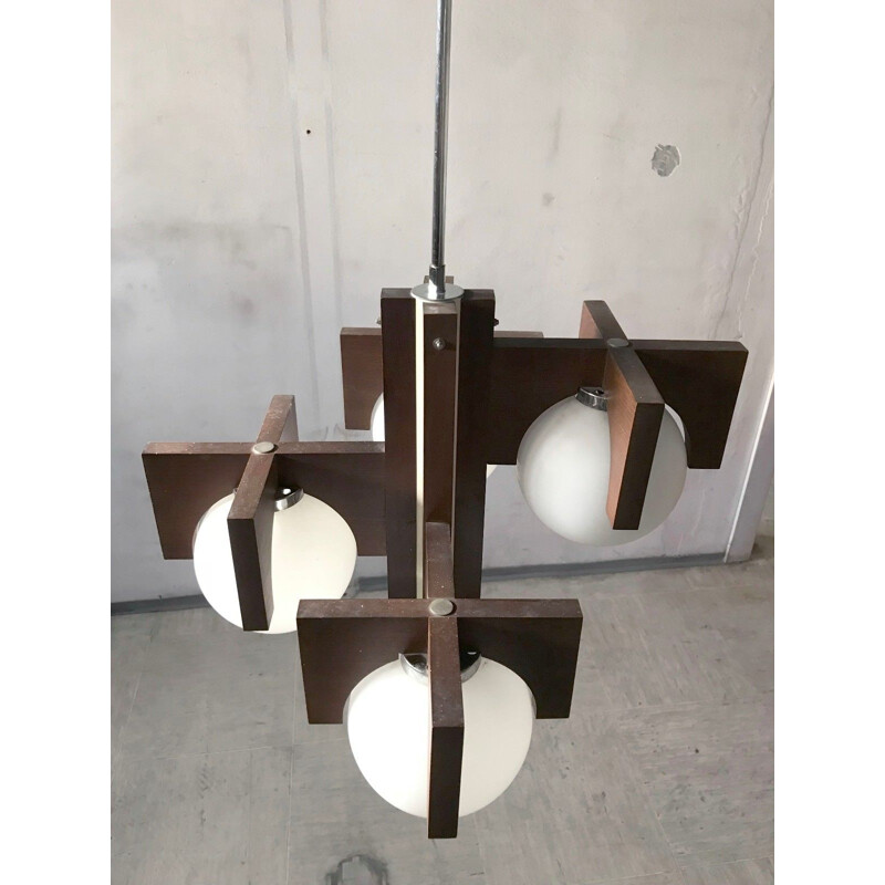 Vintage Architectural hanging lamp in brass and wood - 1960s