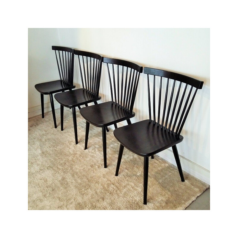 Set of 4 vintage black fans chairs with bars - 1960s