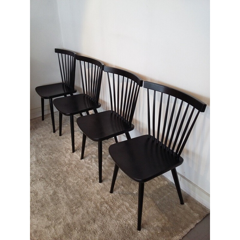 Suite de 4 chaises noires vintage éventails à barreaux - 1960
