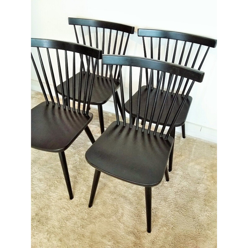 Set of 4 vintage black fans chairs with bars - 1960s