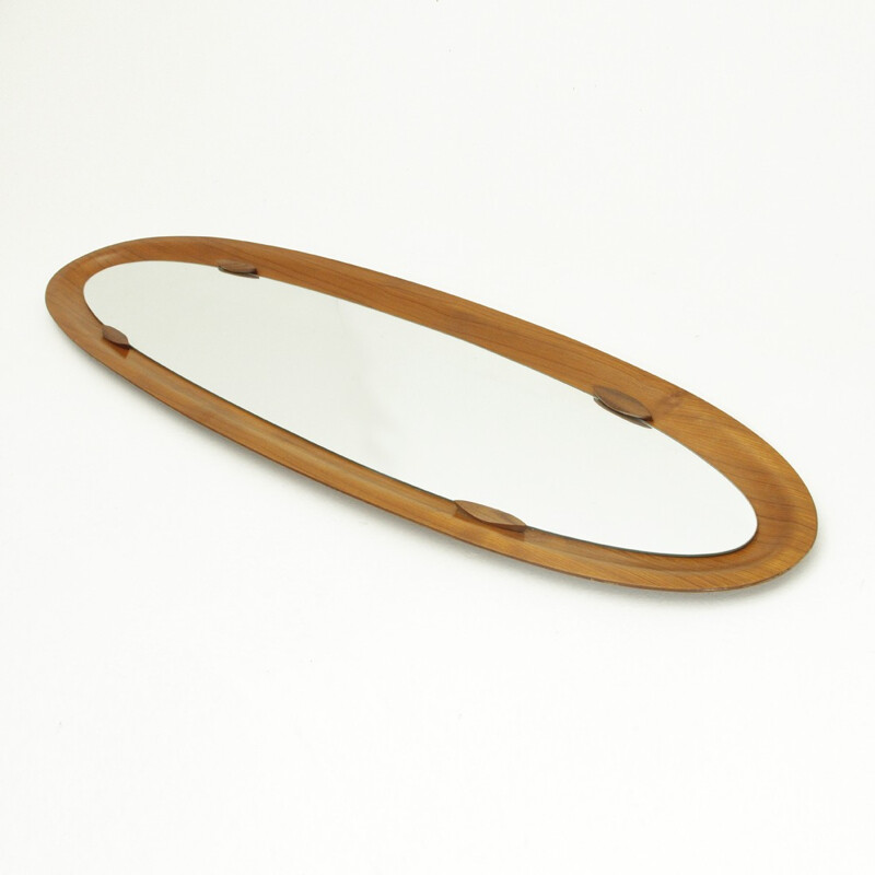 Vintage Italian oval teak frame mirror - 1960s