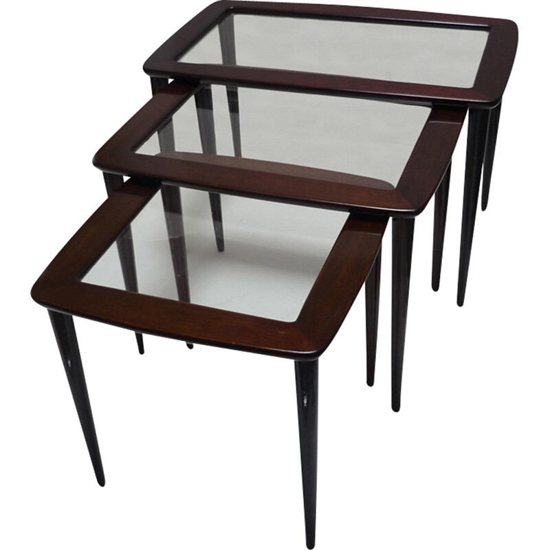 Set of 3 nesting tables in mahogany wood with glass trays by Ico Parisi for De Baggis - 1950s