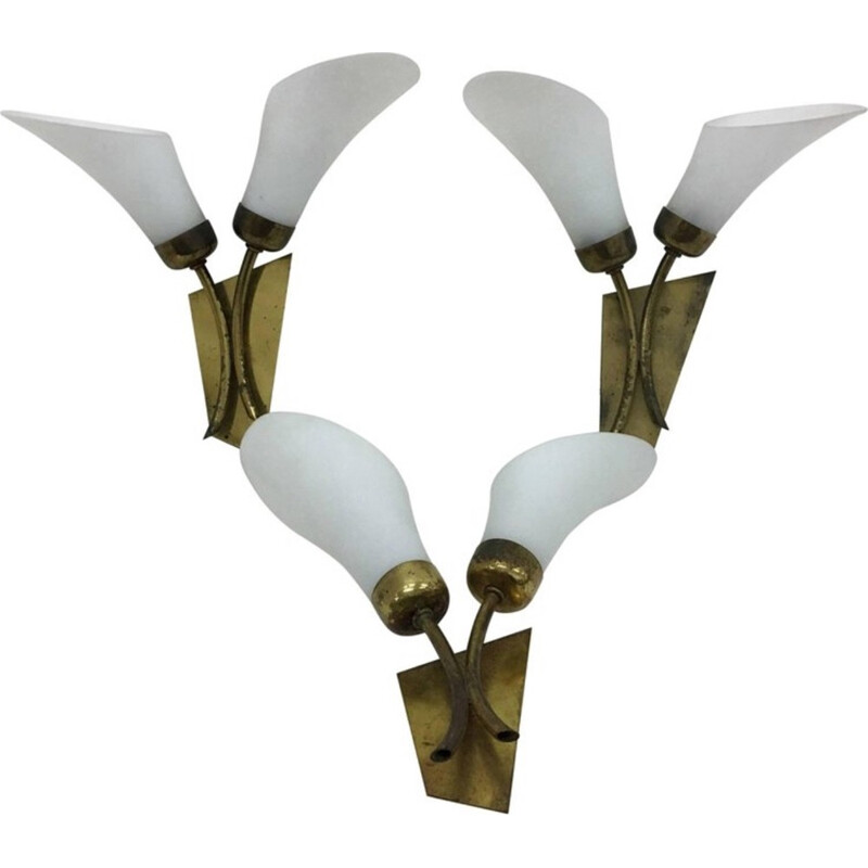 Vintage Set of 3 Italian Brass and White Glass Wall Sconces - 1950s