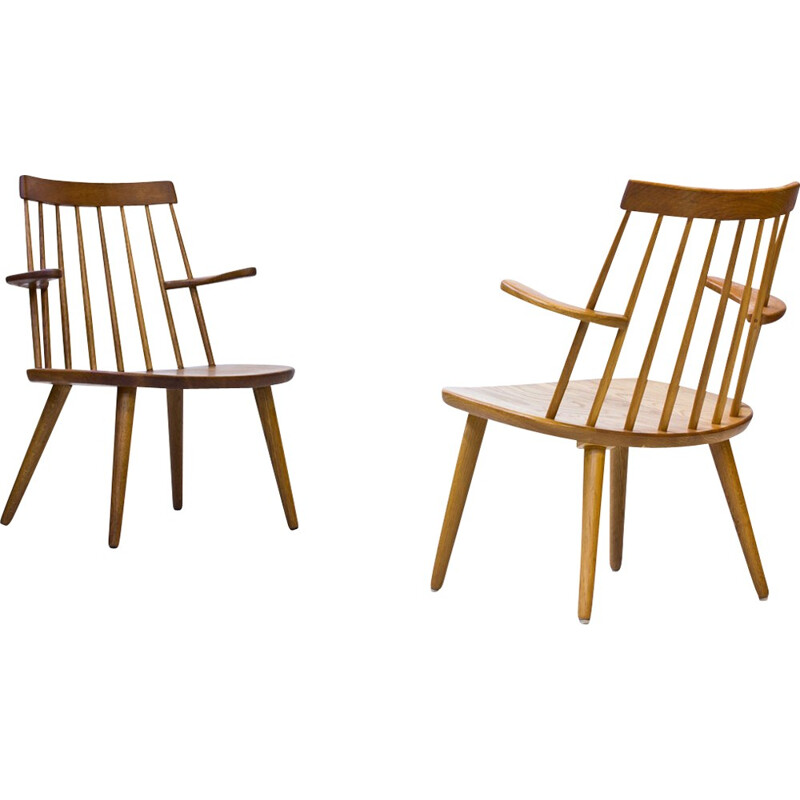 Vintage Pair of "Sibbo" Armchairs in Solid Oak by Yngve Ekström for Stolab - 1960s