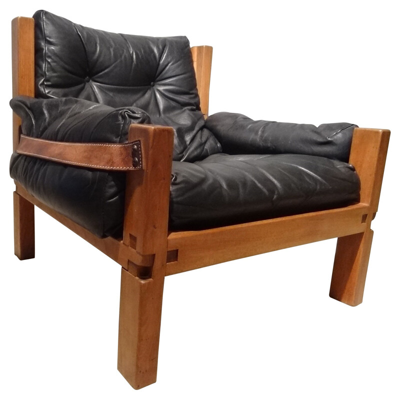 Armchair in black leather , Pierre CHAPO - 1970s