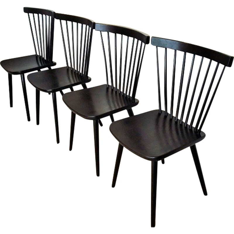 Set of 4 vintage black fans chairs with bars - 1960s