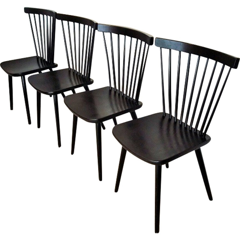 Suite de 4 chaises noires vintage éventails à barreaux - 1960