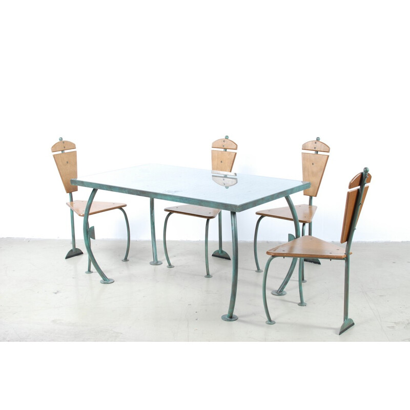 Ensemble table et chaises en bronze et verre, Jos LAUGS - 1980