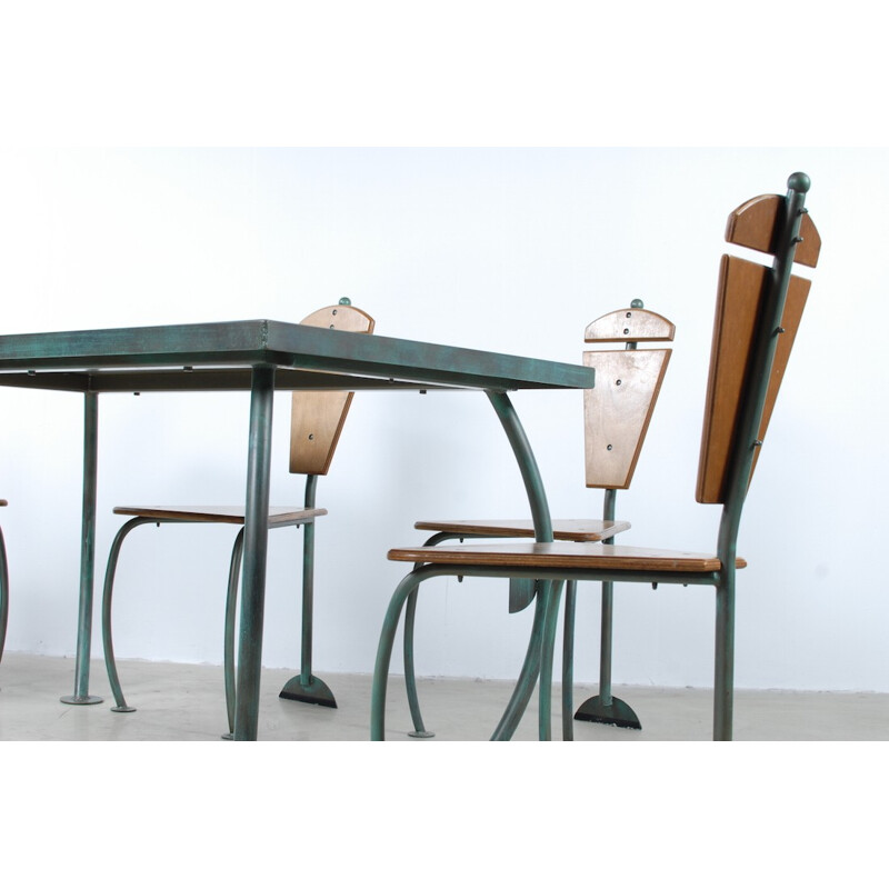 Set van tafel en stoelen in brons en glas, Jos LAUGS - 1980