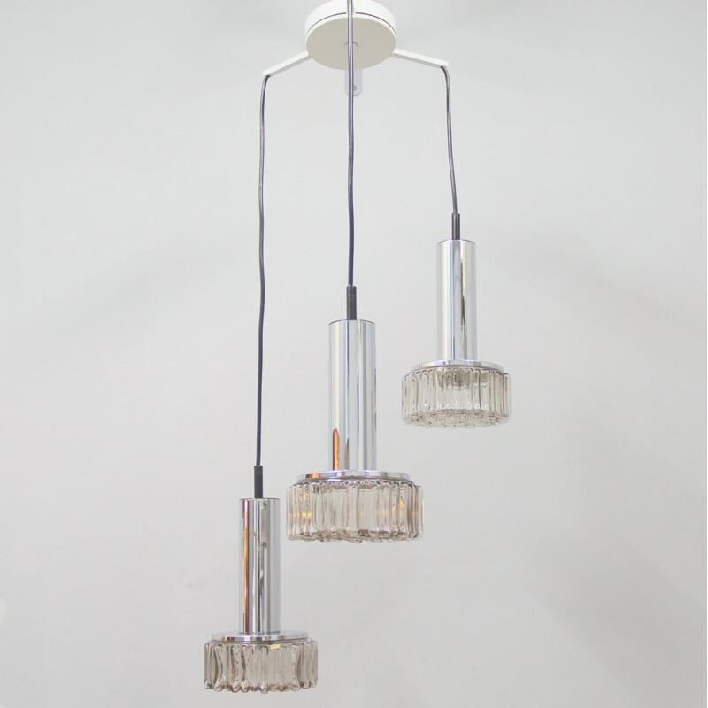 Vintage white lacquered metal and chrome chandelier, Germany - 1960s