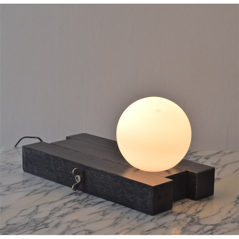 Vintage lamp in opaline and wood by François Arnal for Atelier A - 1970s