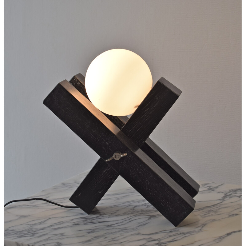 Lampe vintage en opaline et bois par François Arnal pour Atelier A - 1970