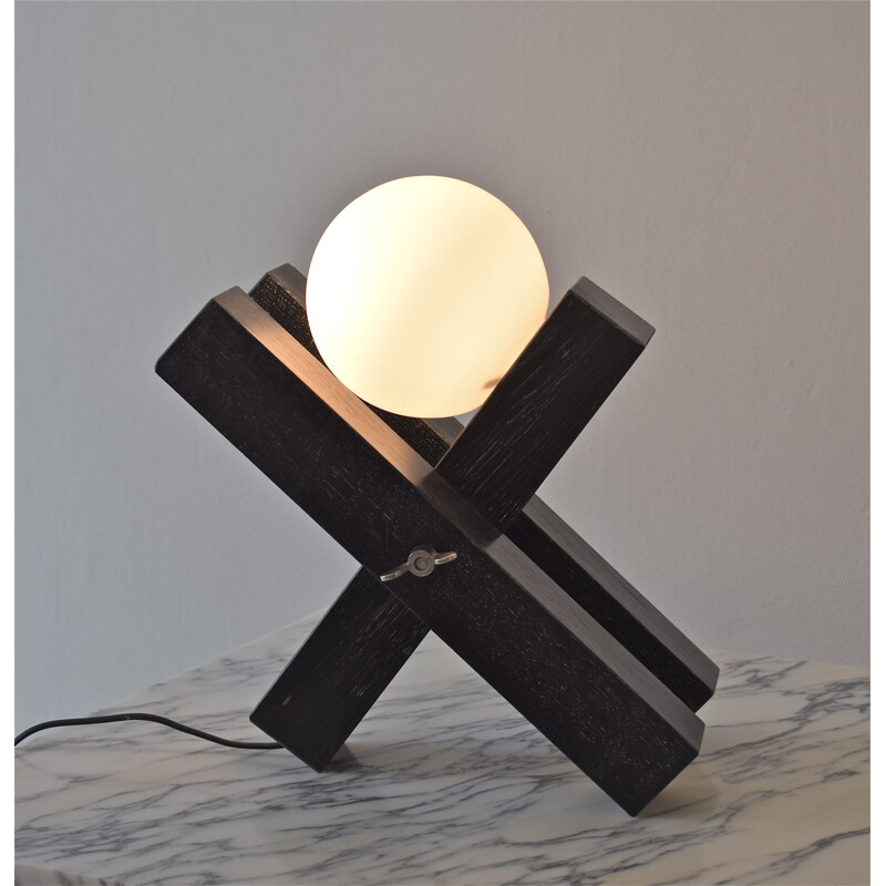 Vintage lamp in opaline and wood by François Arnal for Atelier A - 1970s